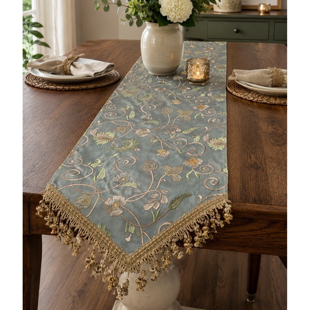 Canaan Company Sage Green Faux Suede Embroidered Floral Beaded Tassel Table Run